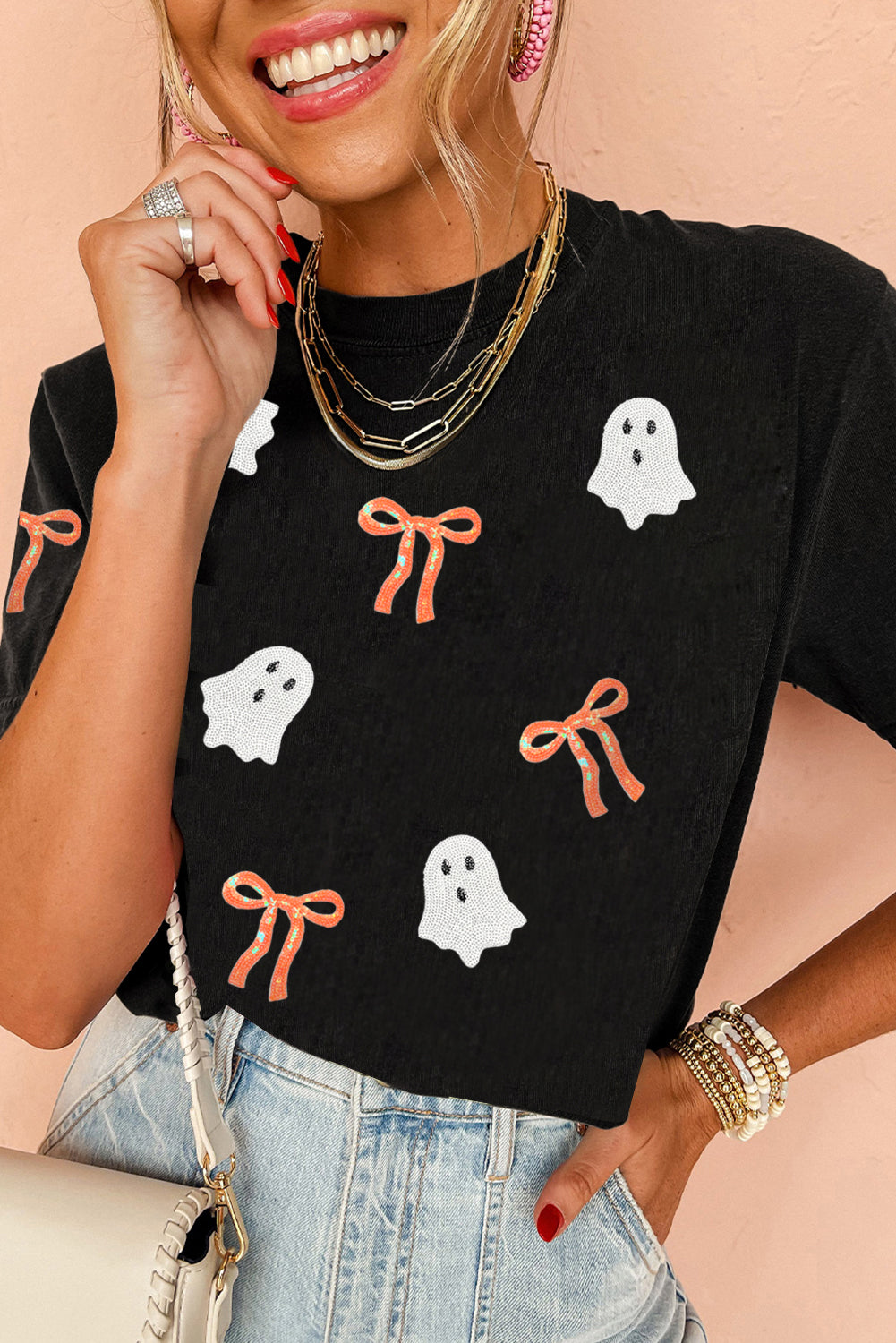 Premium Black Sequin Bow Ghost Patch Halloween Graphic Tee