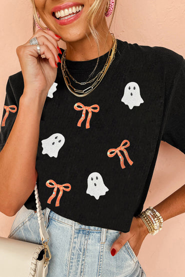 Premium Black Sequin Bow Ghost Patch Halloween Graphic Tee
