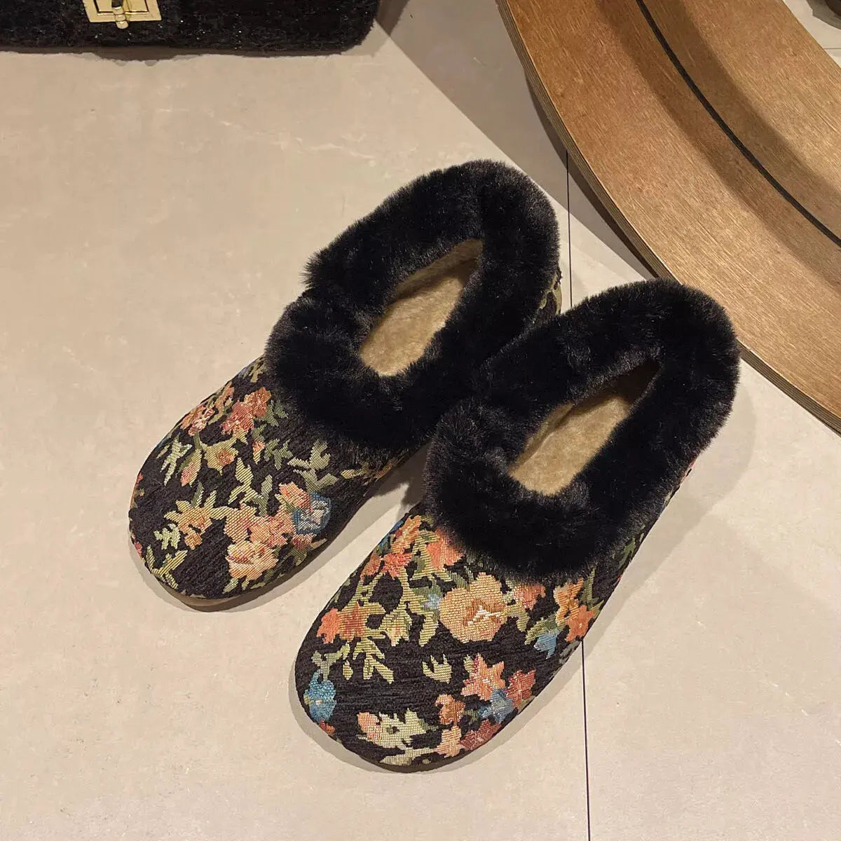 Floral Pattern Plush Lined Slip-Ons Simply Love