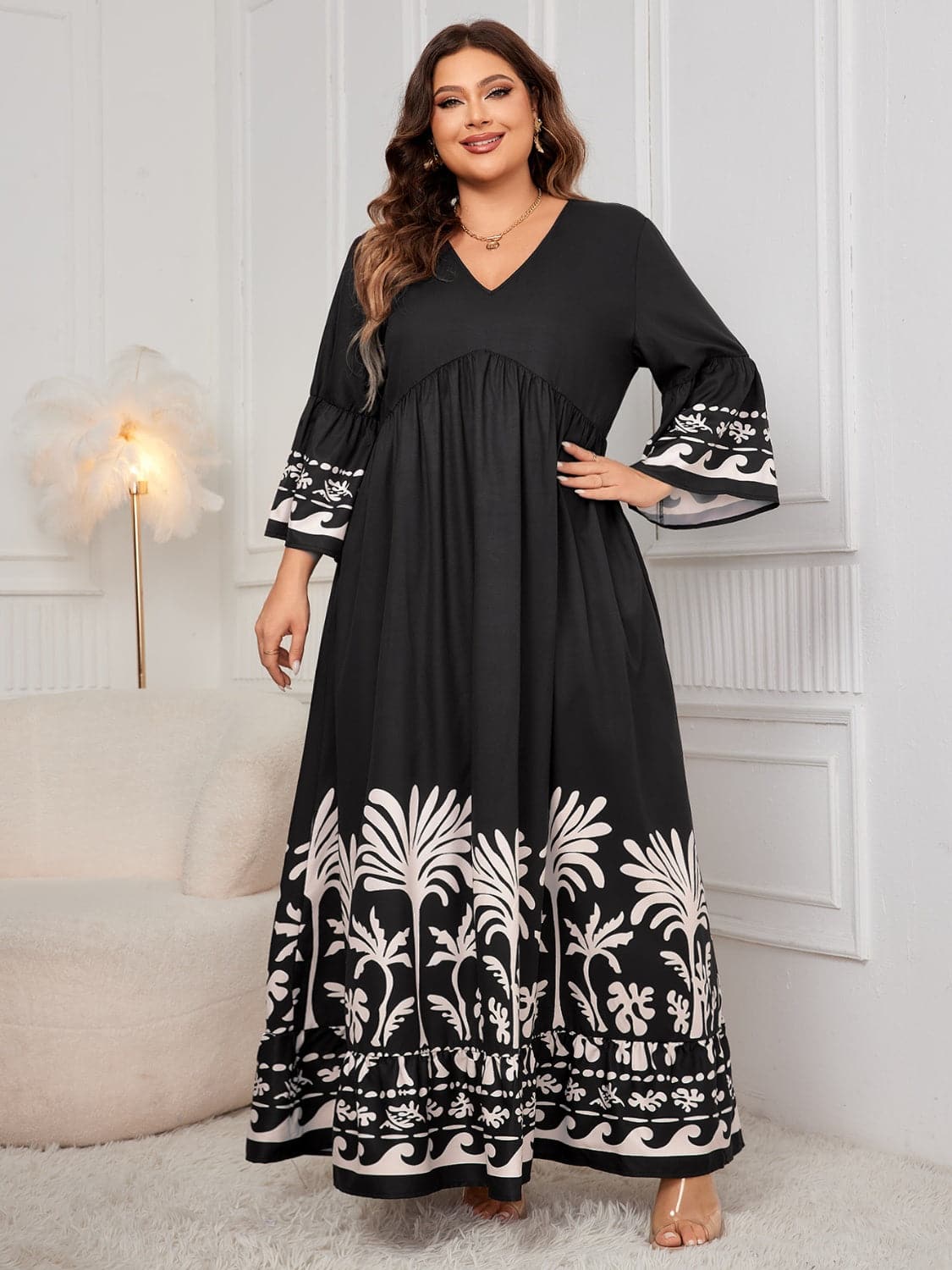 Plus Size Printed V-Neck Long Sleeve Maxi Dress.