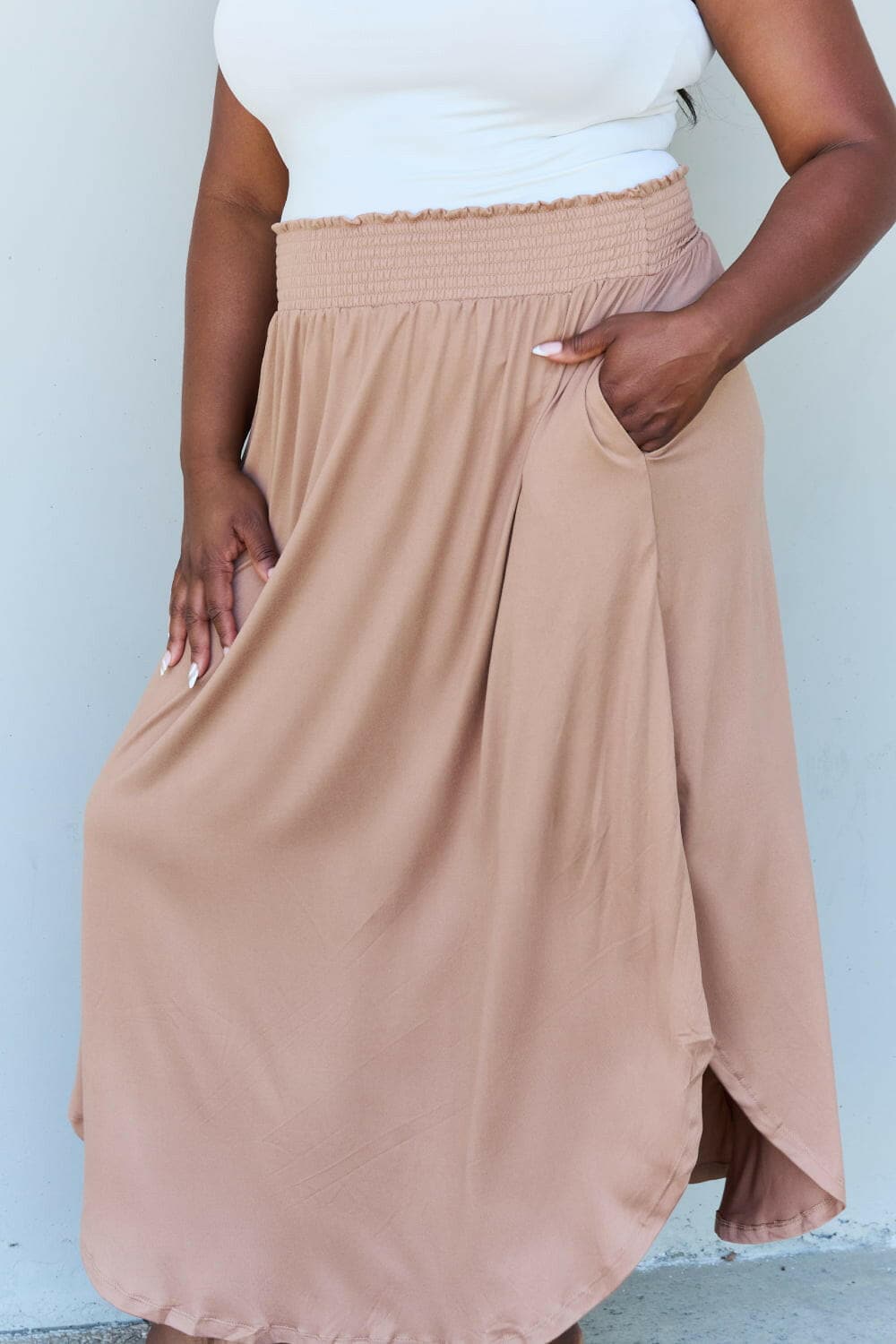 Doublju Comfort Princess Full Size High Waist Scoop Hem Maxi Skirt in Tan.