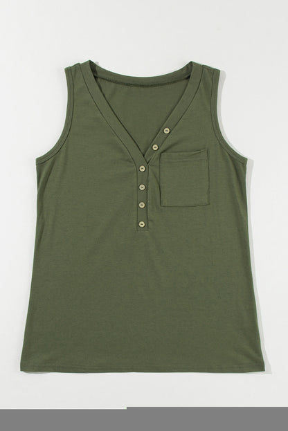 Jungle green v-neck tank top with button detail and patched pocket