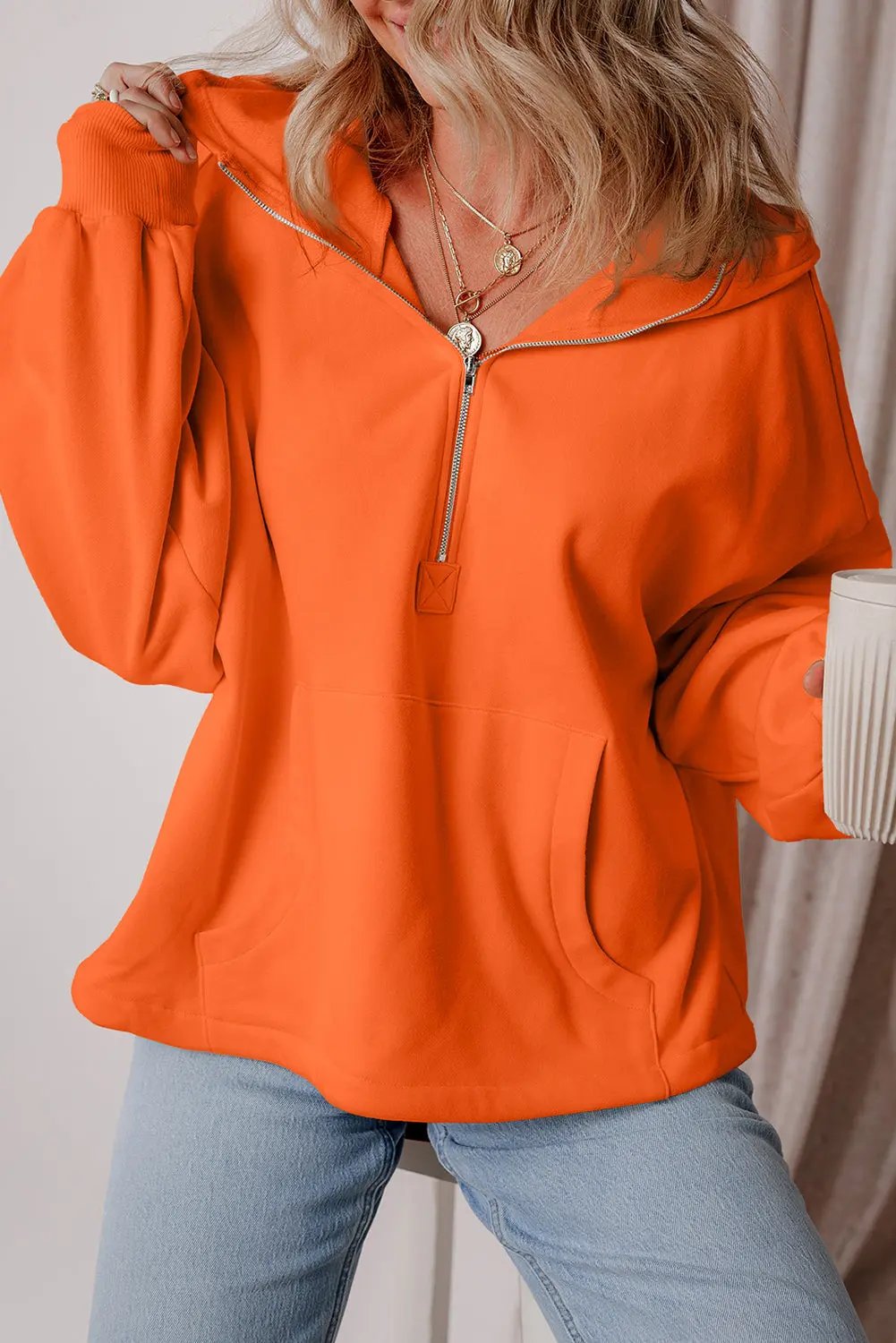 Kate Fleece Lined Half Zipper Hoodie with Kangaroo Pockets - Love Salve 
