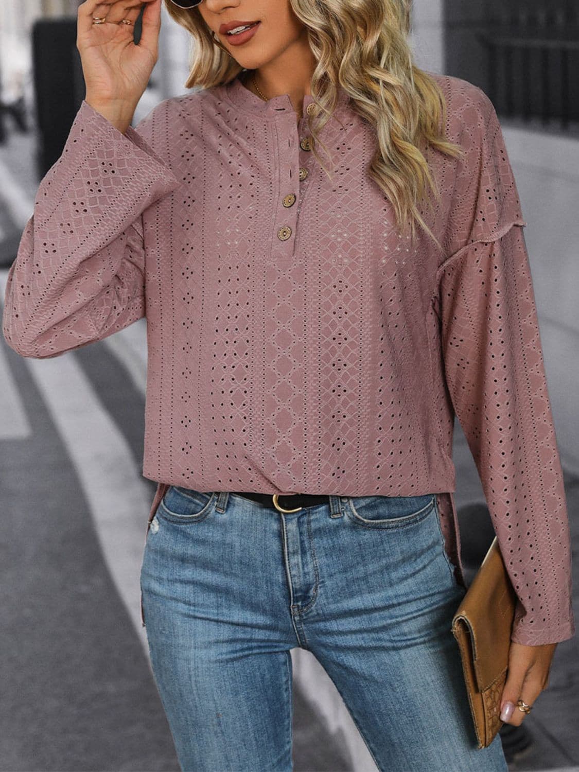 Eyelet Round Neck Long Sleeve Top.