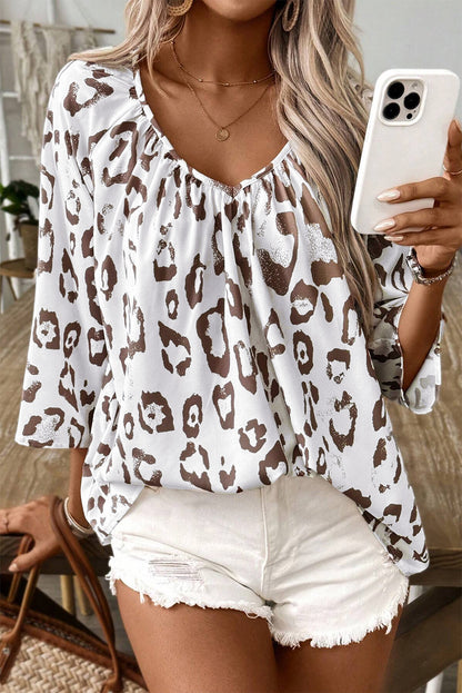 Chic khaki leopard print ruched blouse with V-neck and 3/4 sleeves