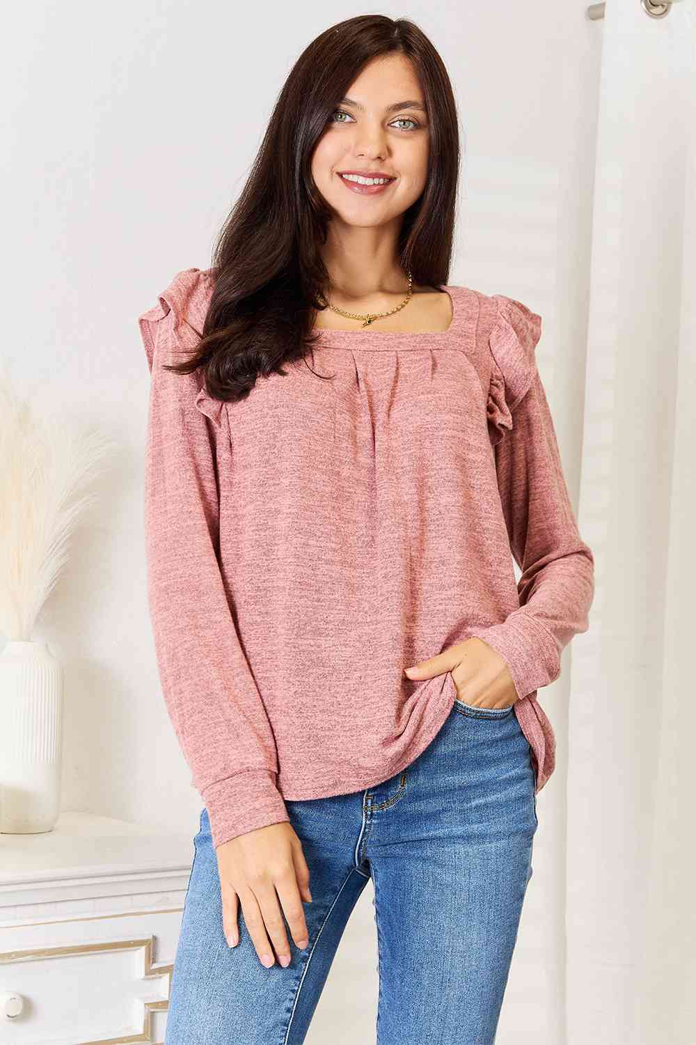 Double Take Square Neck Ruffle Shoulder Long Sleeve T-Shirt - Love Salve