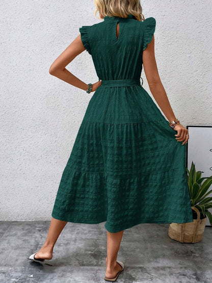 Tied Ruffled Cap Sleeve Midi Dress.