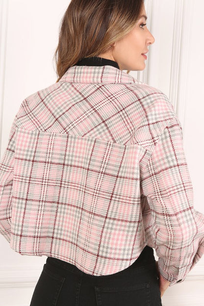 Chic plaid cropped jacket with shirt collar