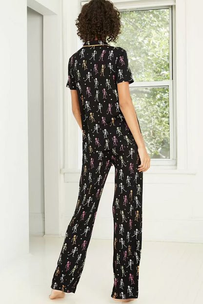 Spooky Skeleton Print Short Sleeve Pajama Set for Halloween