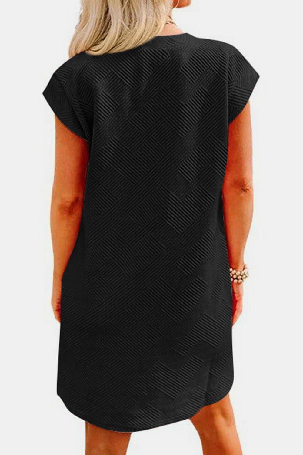 Textured Round Neck Cap Sleeve Dress.