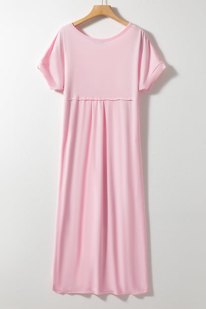 Pink V Neck Hidden Pocket Splits Maxi T-shirt Dress Elegance