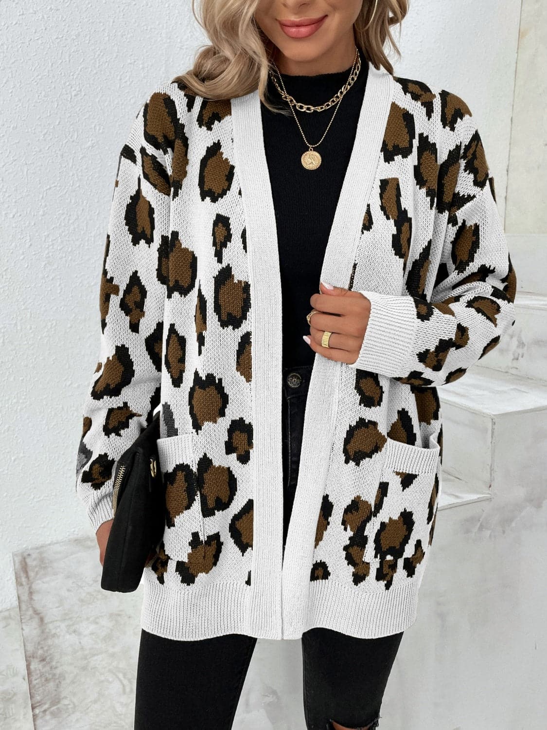 Leopard Open Front Dropped Shoulder Cardigan.