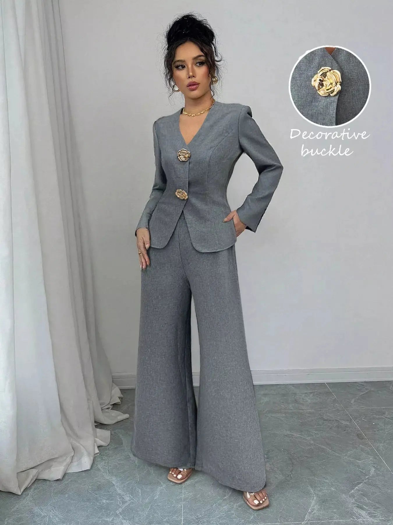 Decor Buckle Blazer And Wide Leg Pants Two Piece Set For Women Office Formal Simply Love