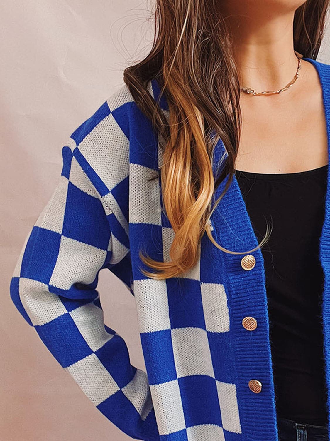 Checkered Open Front Button Up Cardigan.