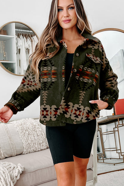 Chic green Aztec print long sleeve shacket with flap pockets