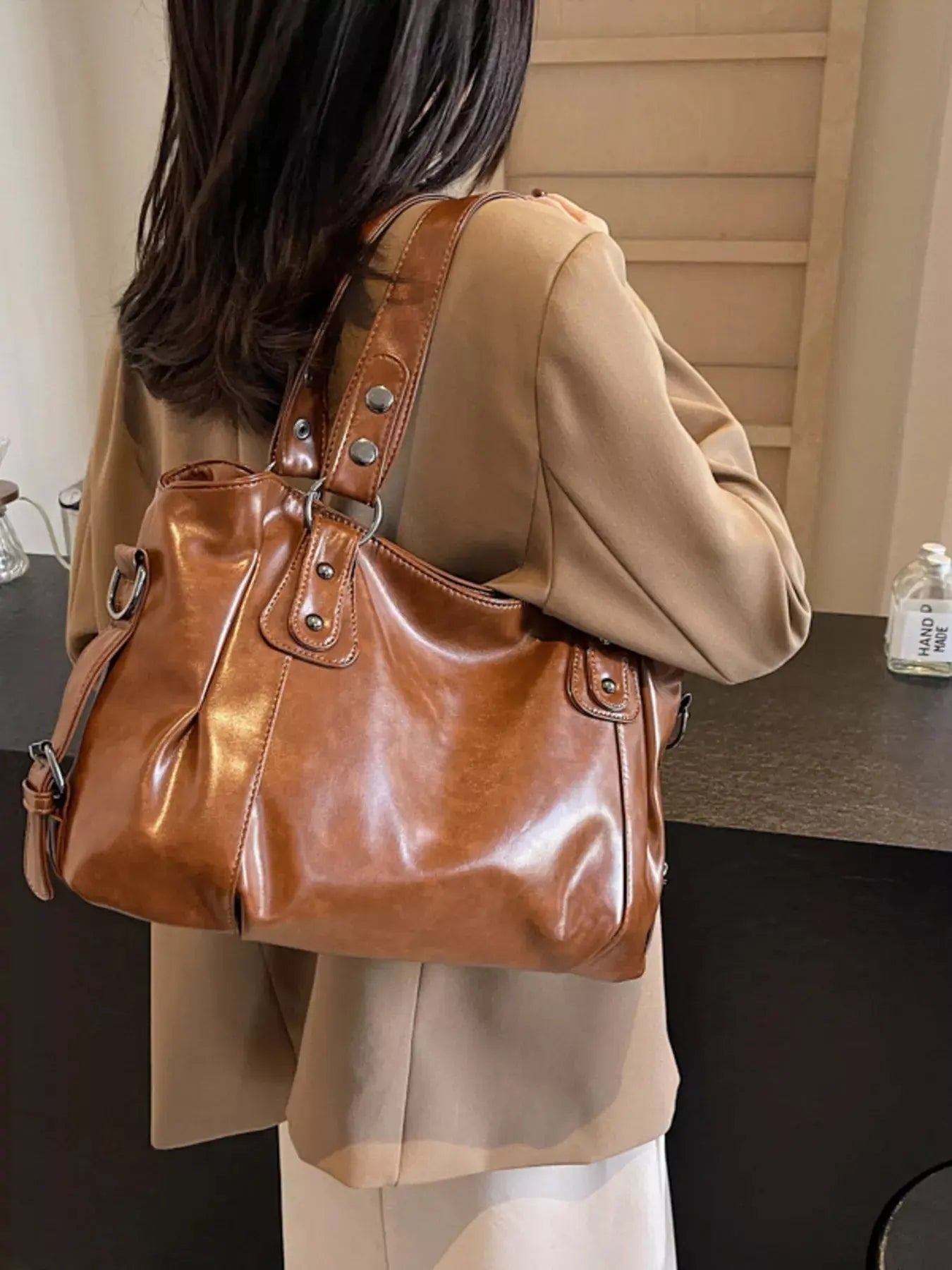 Vintage Style PU Leather Handbag Large Tote With Shoulder Straps Simply Love