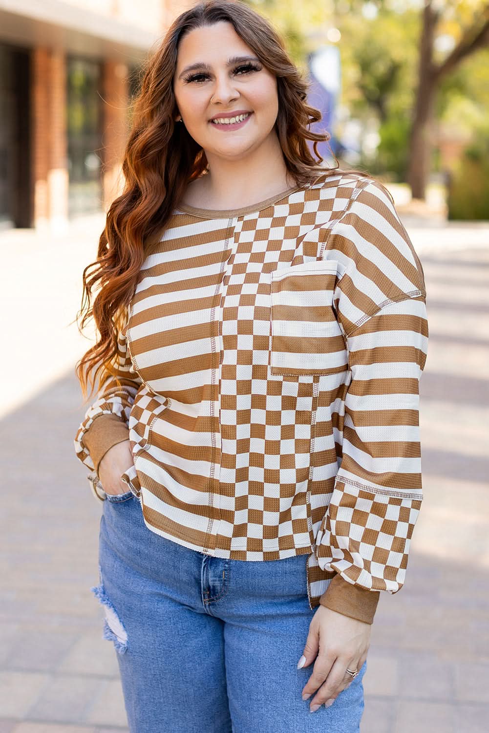 Chic plus size khaki mixed print top - Love Salve 