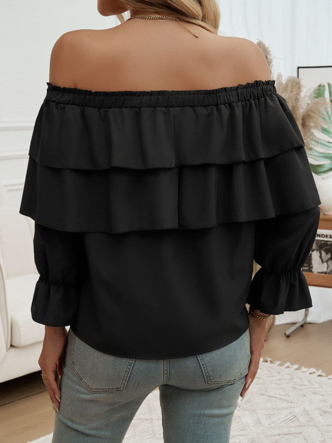 Off-Shoulder Flounce Sleeve Blouse.