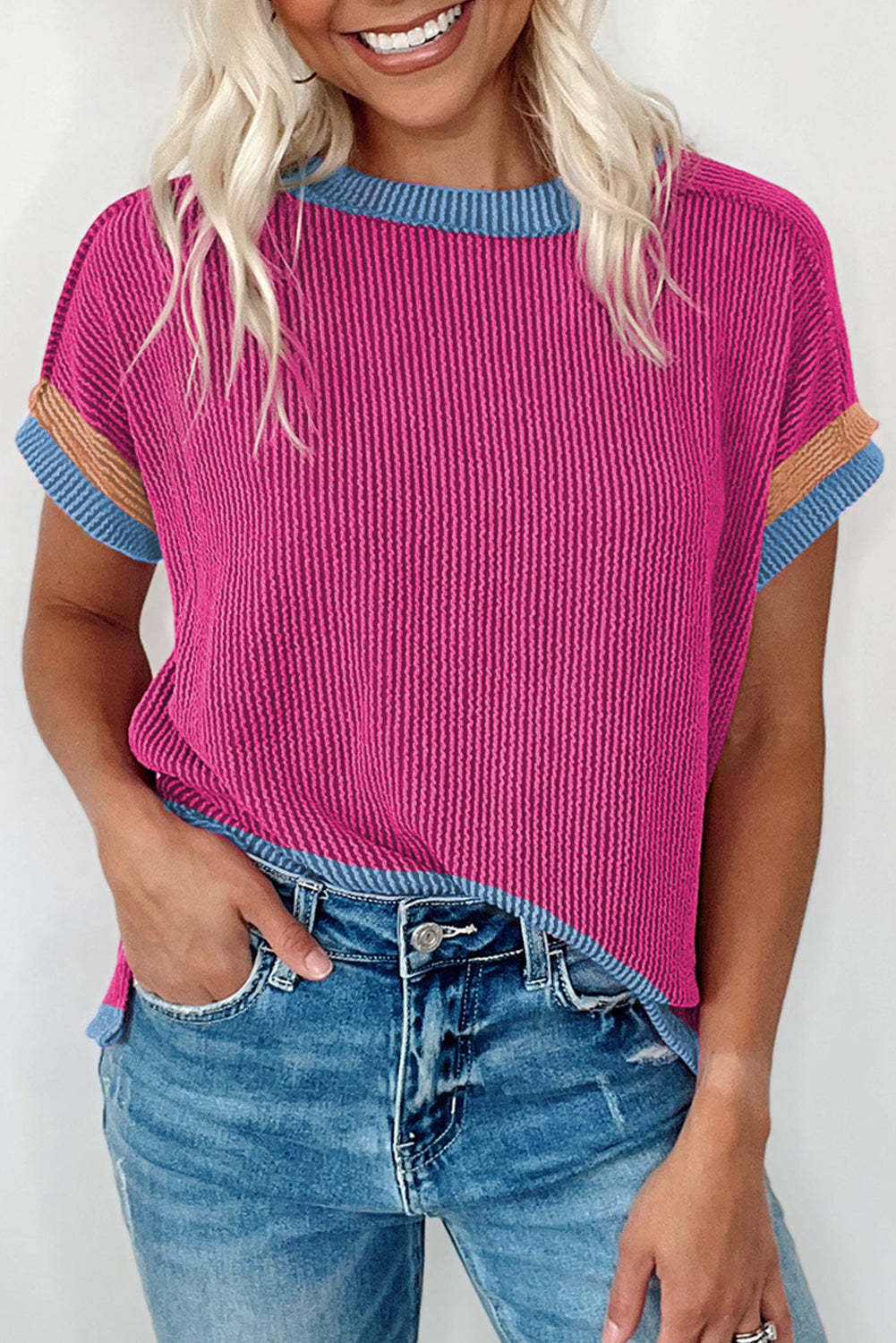 Vibrant pink textured t-shirt with stylish contrast trim