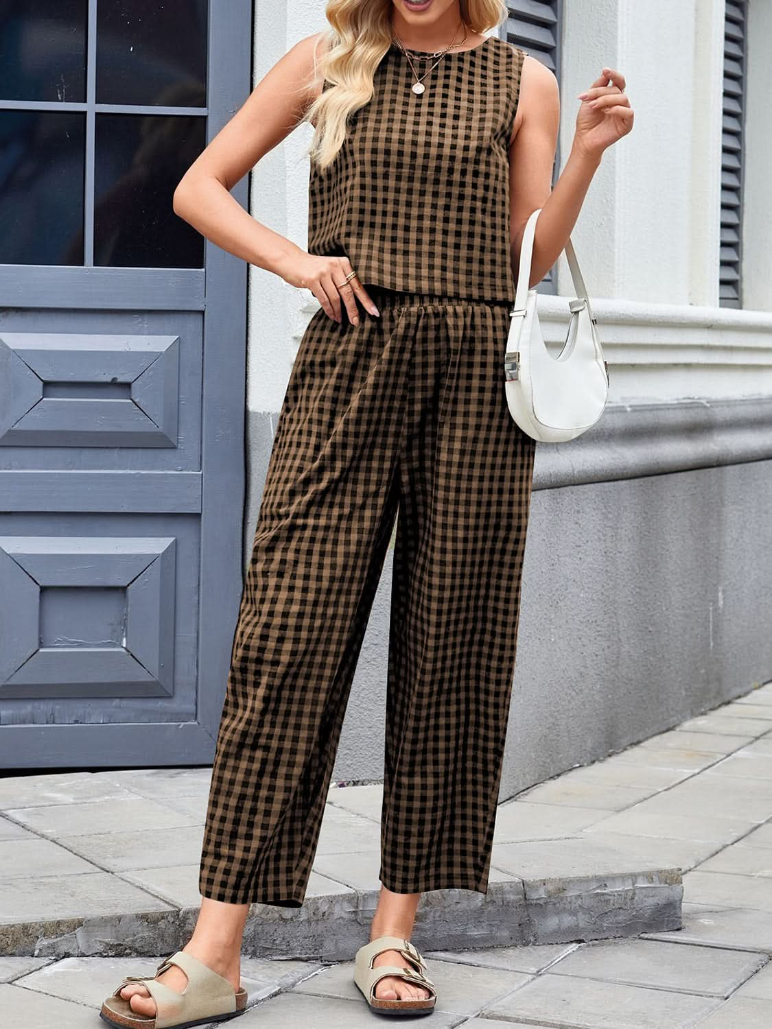 Chic Lovelet Plaid Sleeveless Top and Pants Ensemble