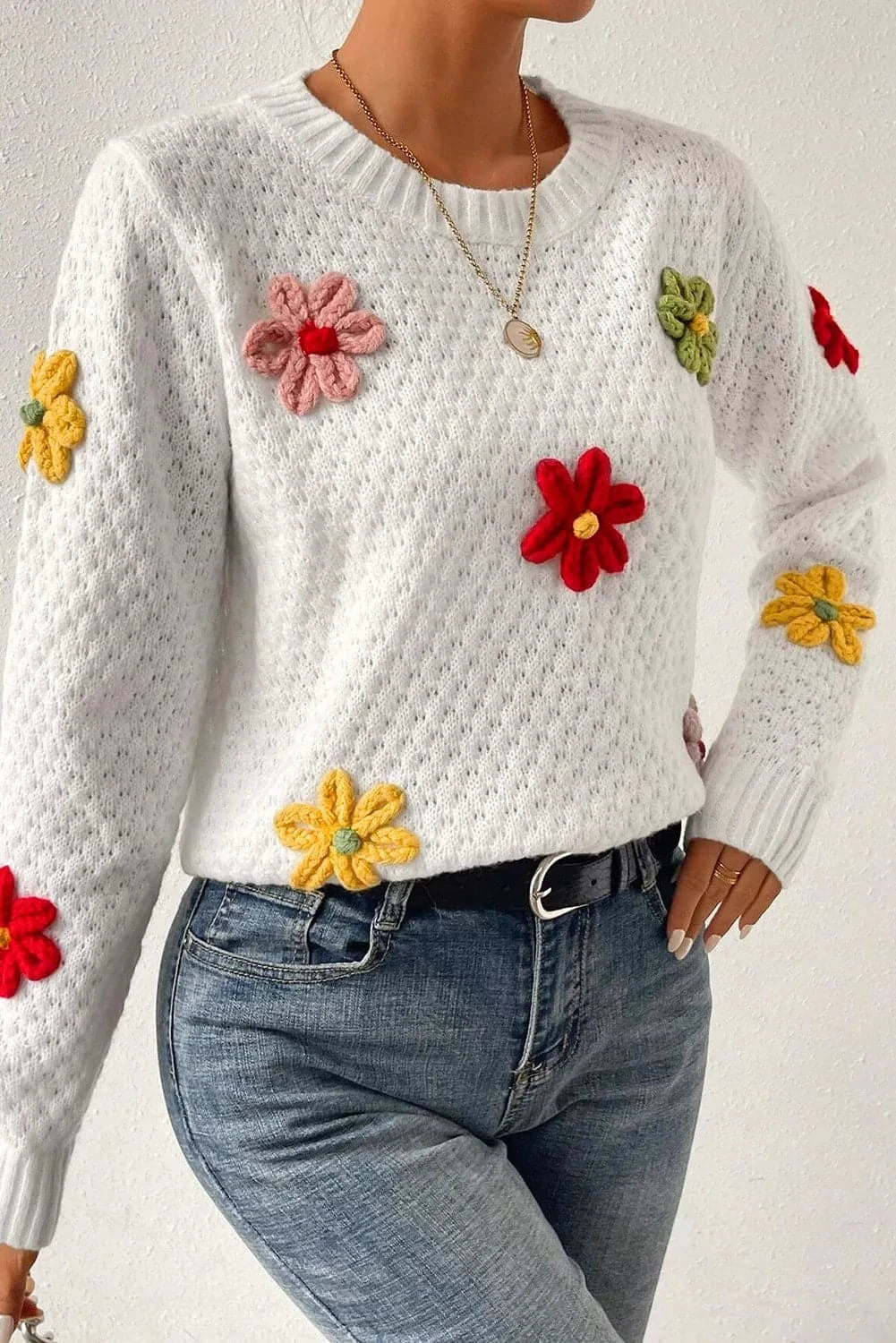 Floral crochet round neck knit sweater