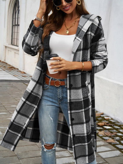 Chic plaid hooded coat with pockets