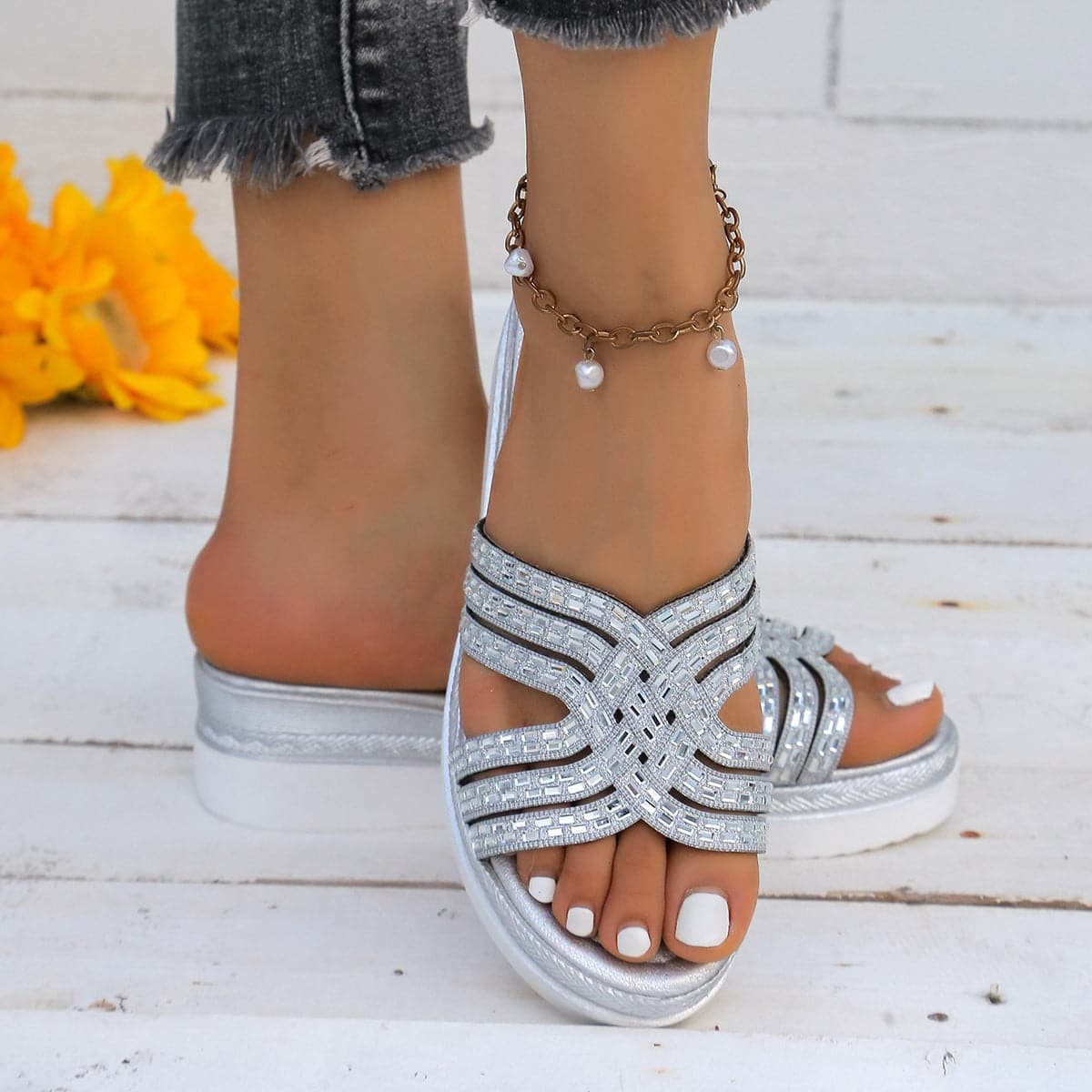 Rhinestone Open Toe Wedge Sandals.