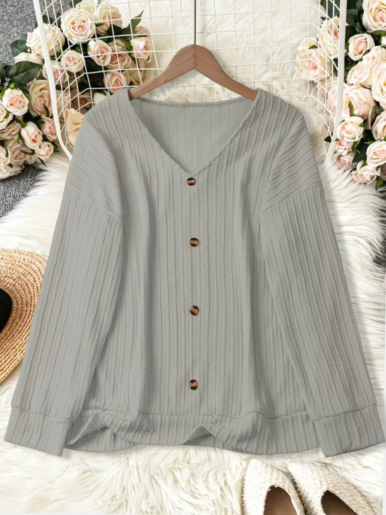 Plus Size V-Neck Dropped Shoulder Blouse Simply Love