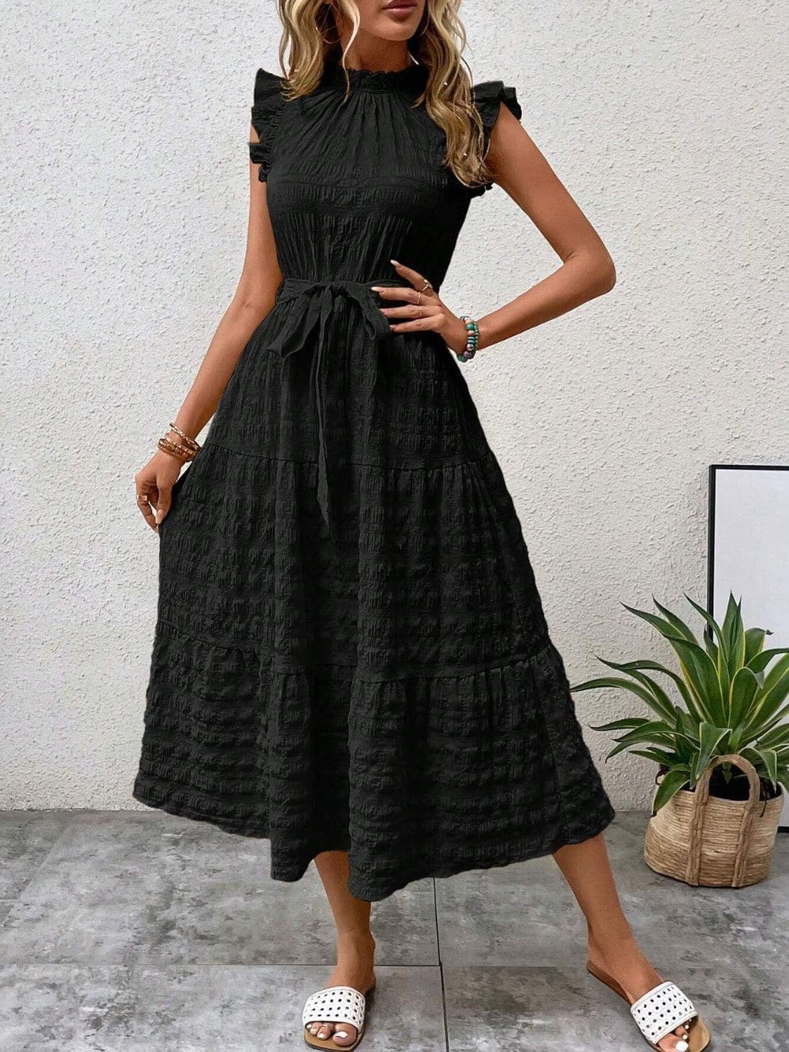 Tied Ruffled Cap Sleeve Midi Dress.