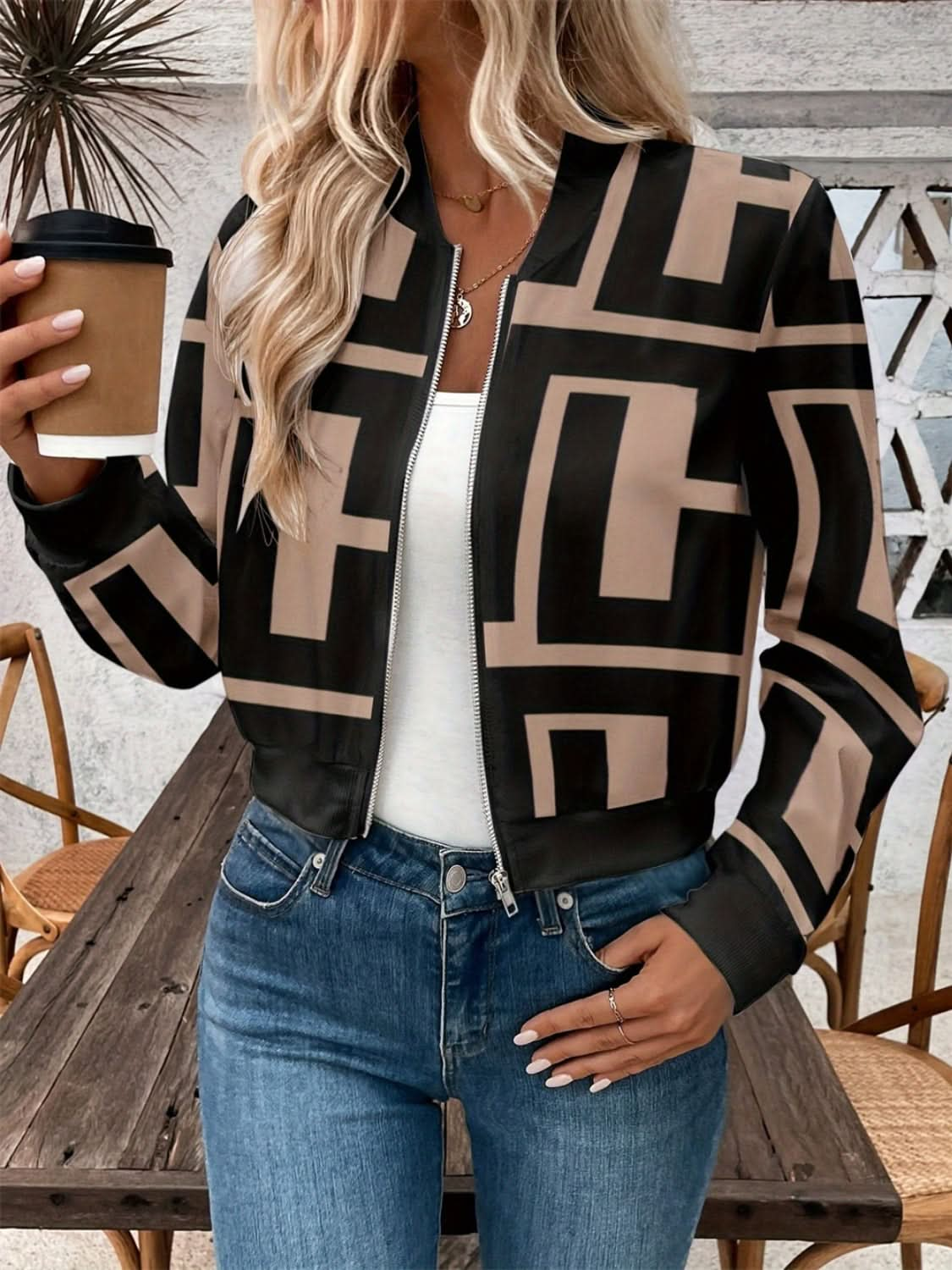 Chic geometric baseball collar jacket