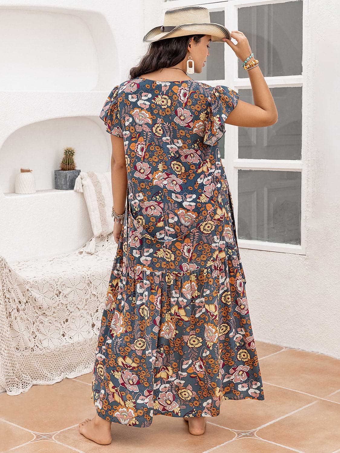 Plus Size Ruffled Printed Cap Sleeve Dress.