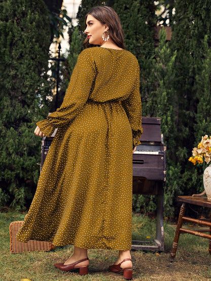 Plus Size Ruffled Polka Dot Long Sleeve Midi Dress.