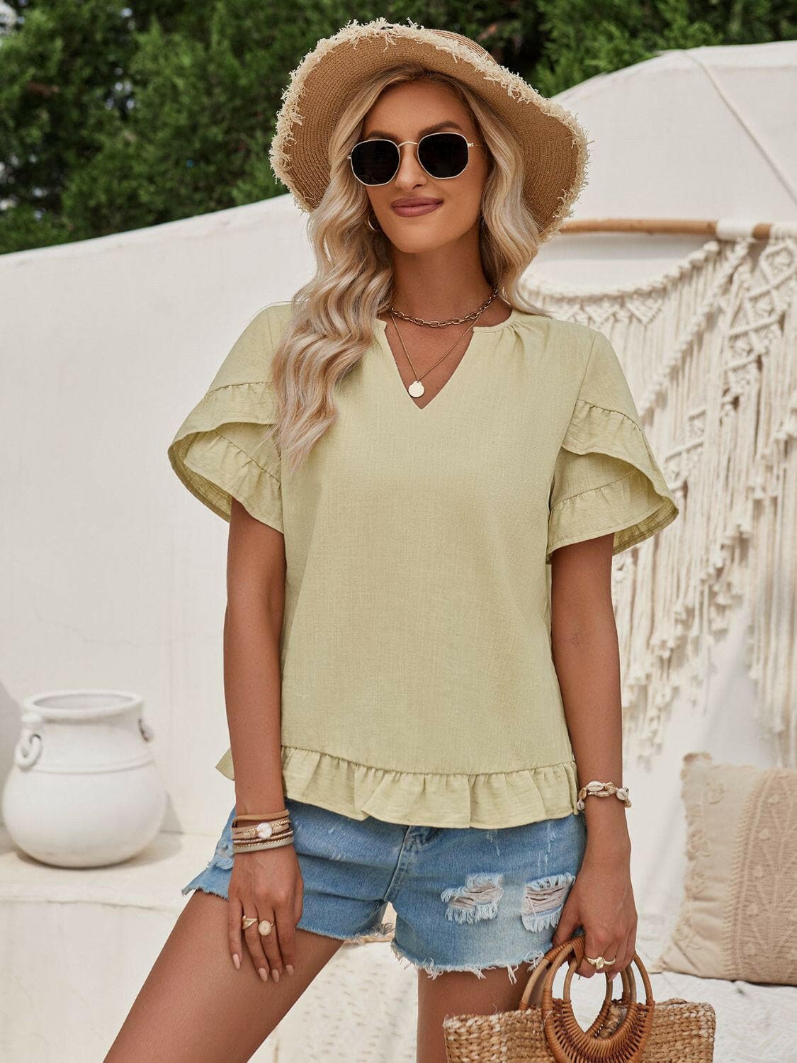 Ruffled Notched Petal Sleeve Blouse.