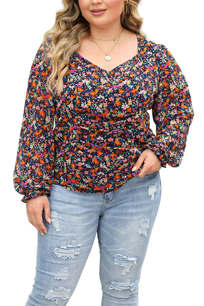 Chic black plus size floral blouse with v neck and bubble sleeves