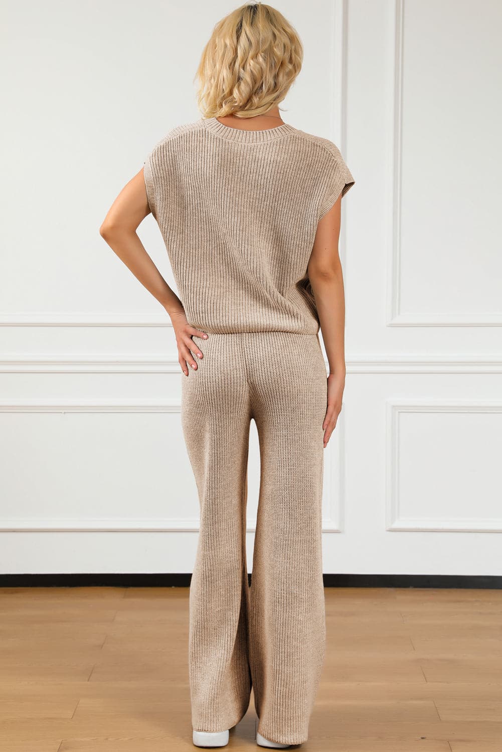 Pocketed V-Neck Top and Wide Leg Sweater Set.