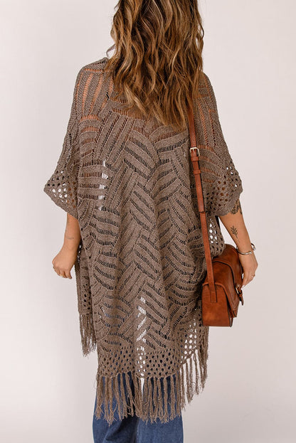 Fringe Hem Slit Open Front Cardigan.