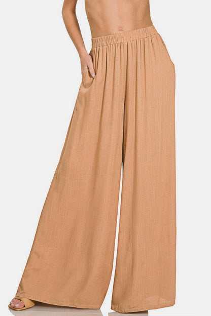 Zenana Pleated Linen Blend Wide Leg Pants.