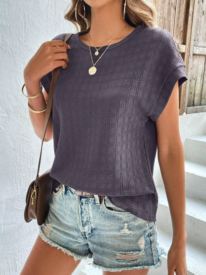 Textured Round Neck Short Sleeve Top.