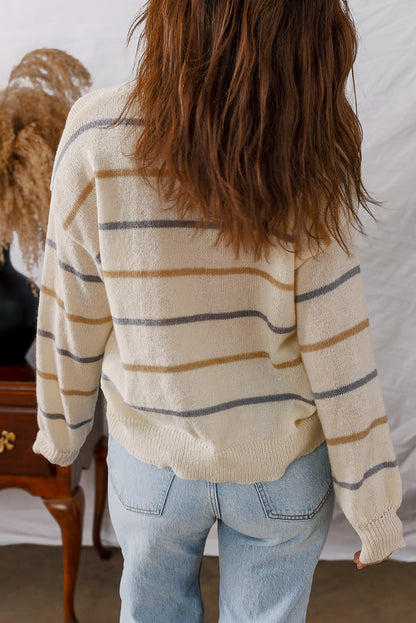 Multicolour Striped Ribbed Edge Drop Shoulder Sweater
