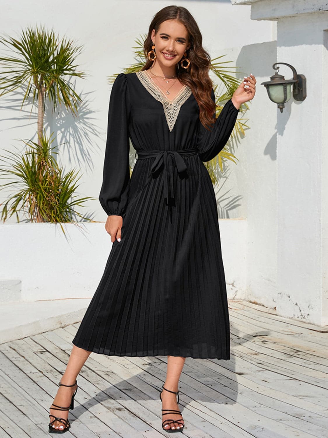 V-Neck Long Sleeve Pleated Dress.