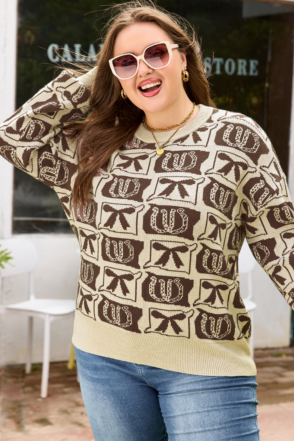Brown Bow Horseshoe Print Checkered Plus Size Knit Sweater Dear-Lover Dropshipping