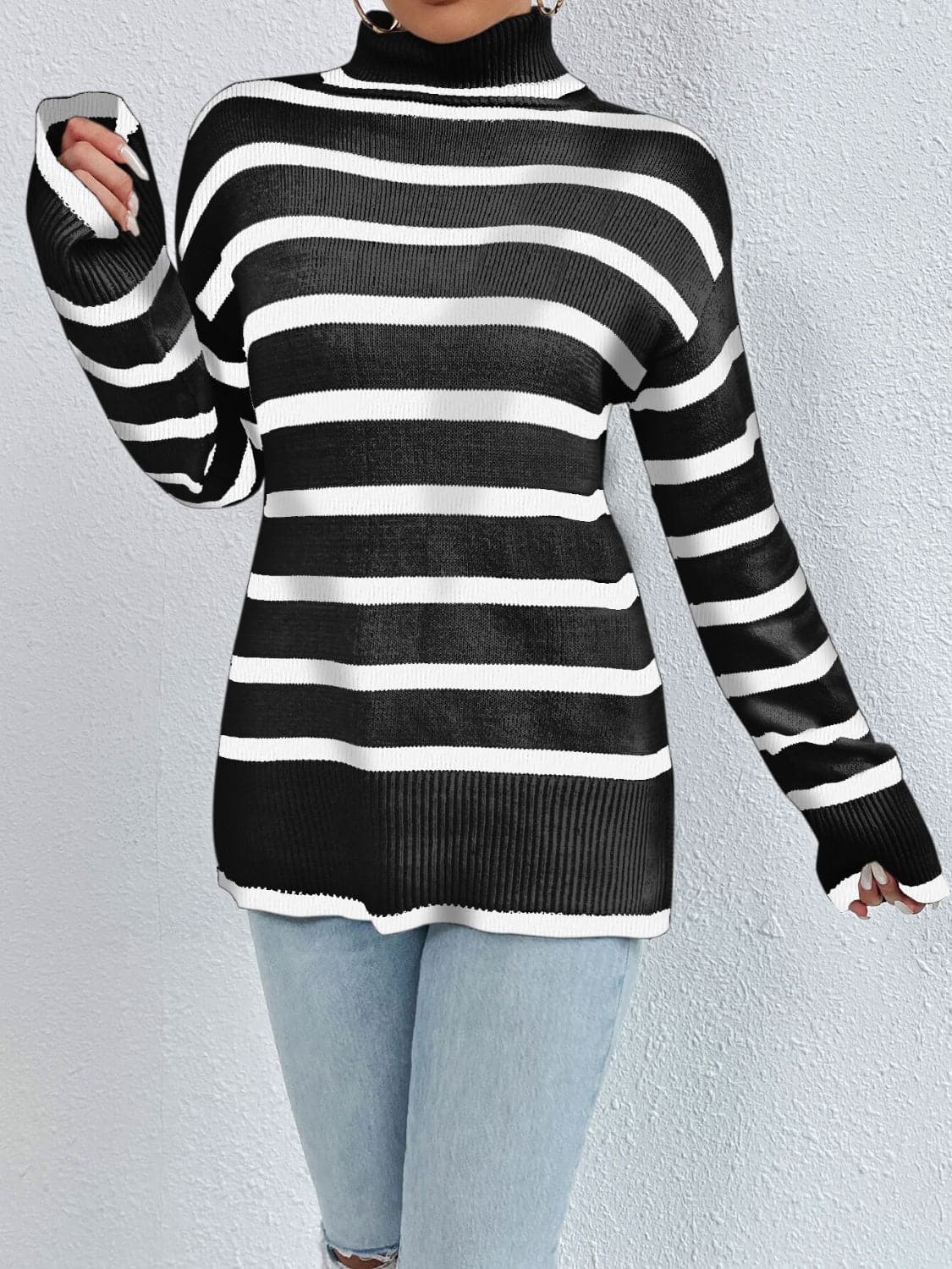 Striped Turtleneck Drop Shoulder Sweater.