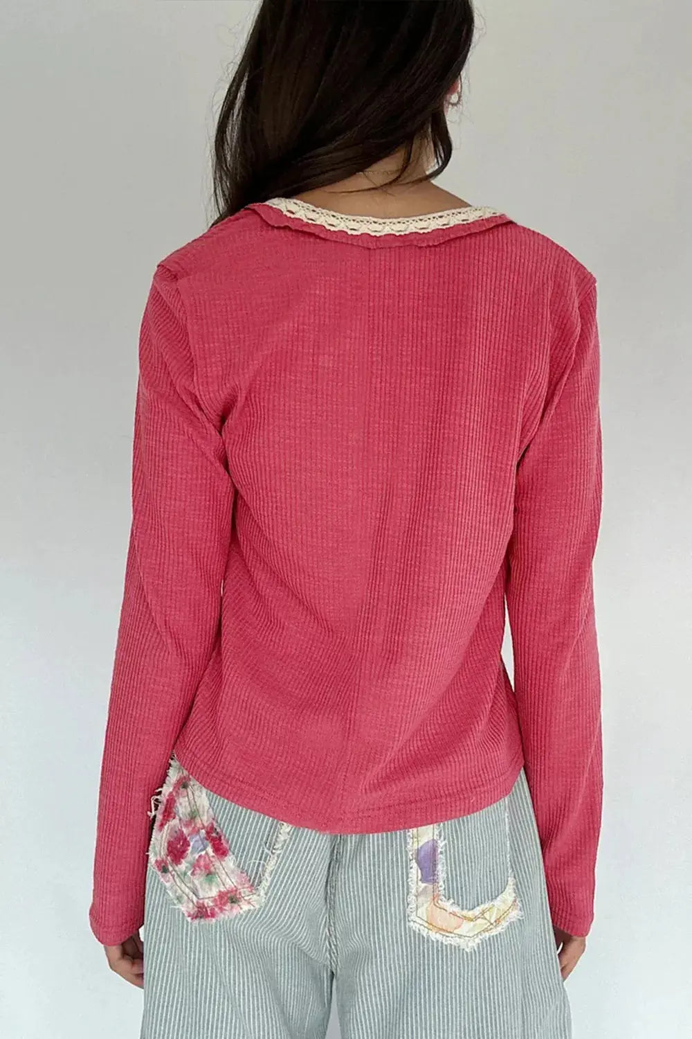 Pink Lace Trim Ribbed Knit Henley Blouse For Women Simply Love