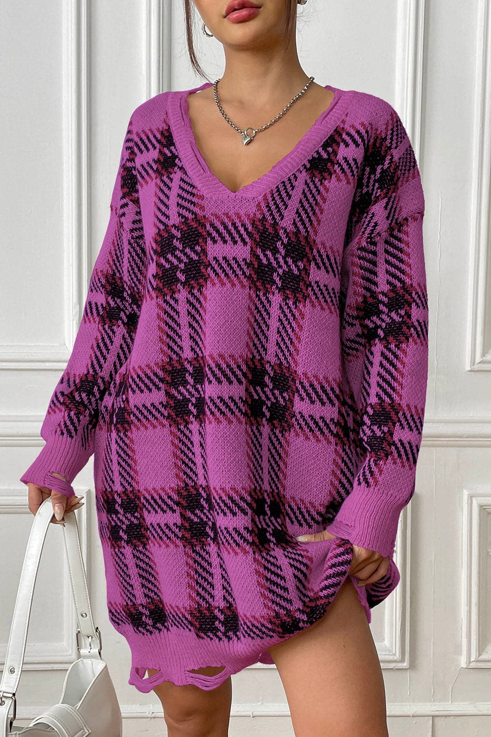 Plaid V-Neck Long Sleeve Sweater Dress.