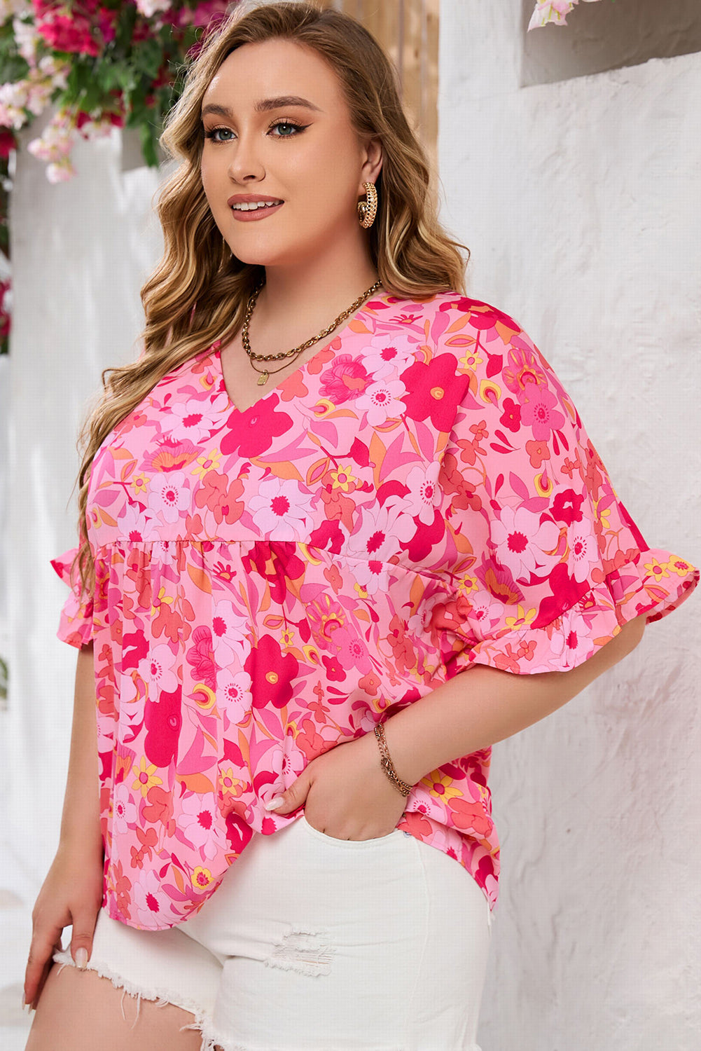 Lovely rose print ruffled plus size babydoll blouse