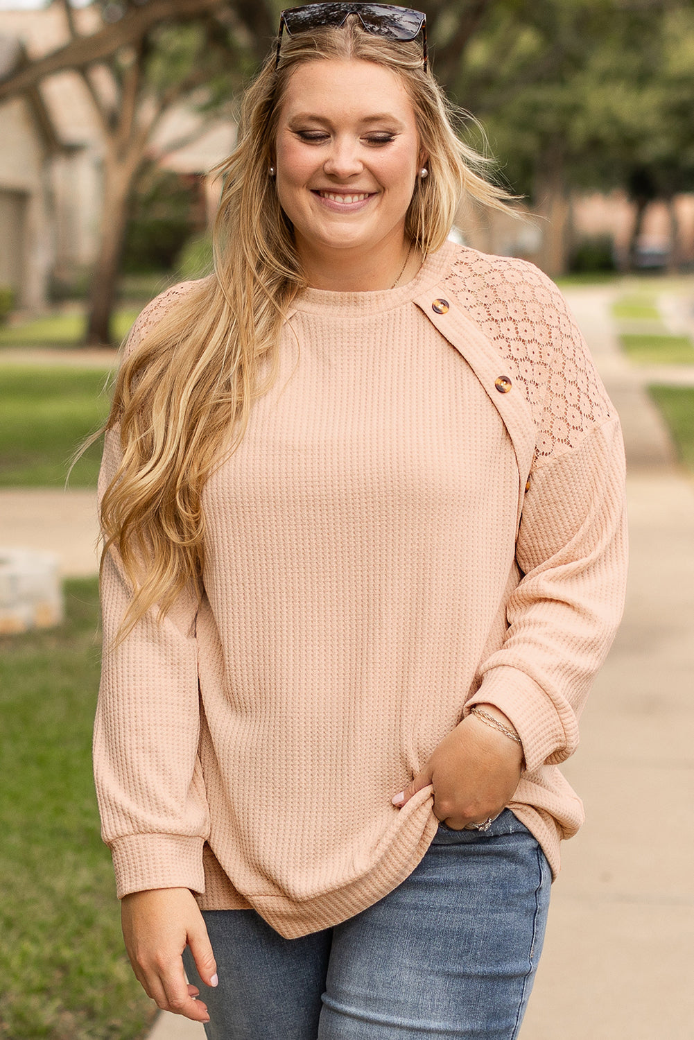 Chic beige plus size waffle knit top with lace patchwork and button details