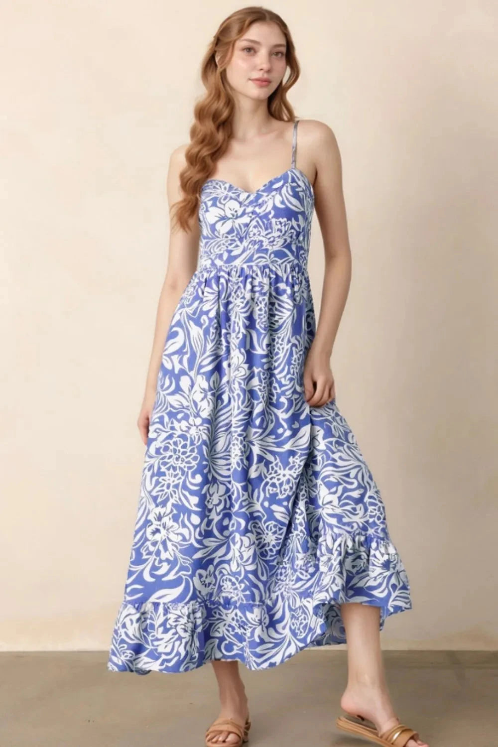 Floral Print Spaghetti Strap High Waist Dress Simply Love