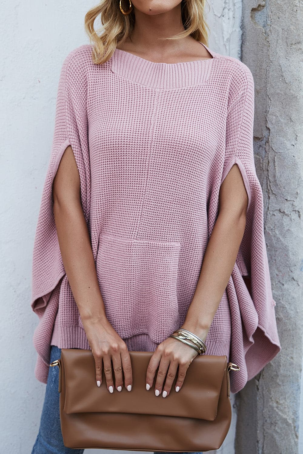 Waffle-Knit Pocketed Cape Sleeve Sweater.