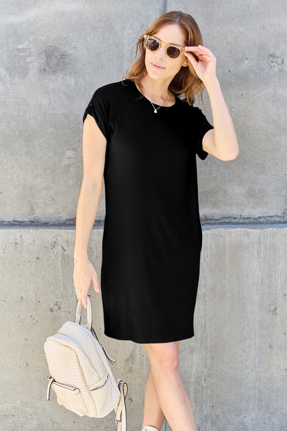 Basic Bae Bamboo Full Size Round Neck Short Sleeve Dress with Pockets.