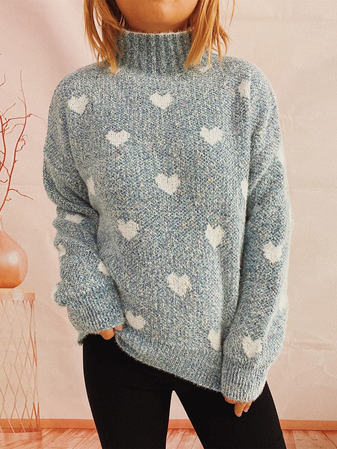 Heart Heathered Turtleneck Drop Shoulder Sweater.